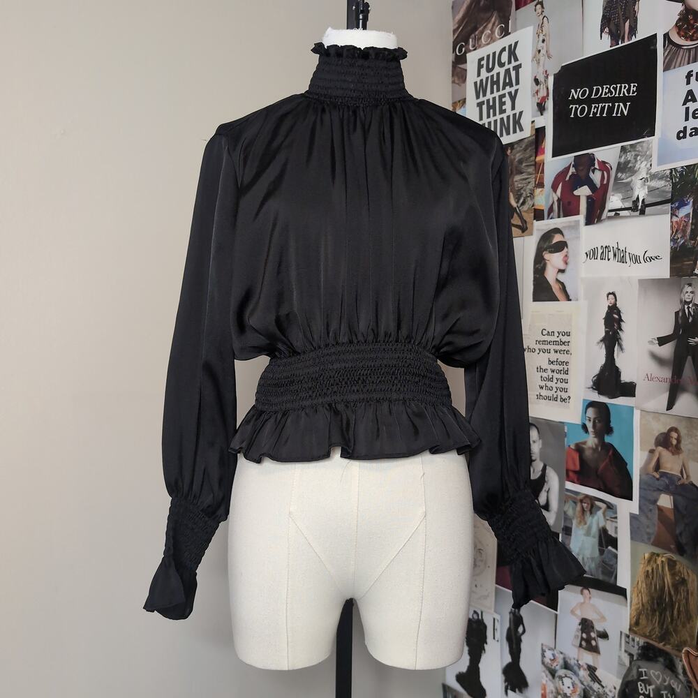 Smocked Mock Neck Satin Blouse Gothic